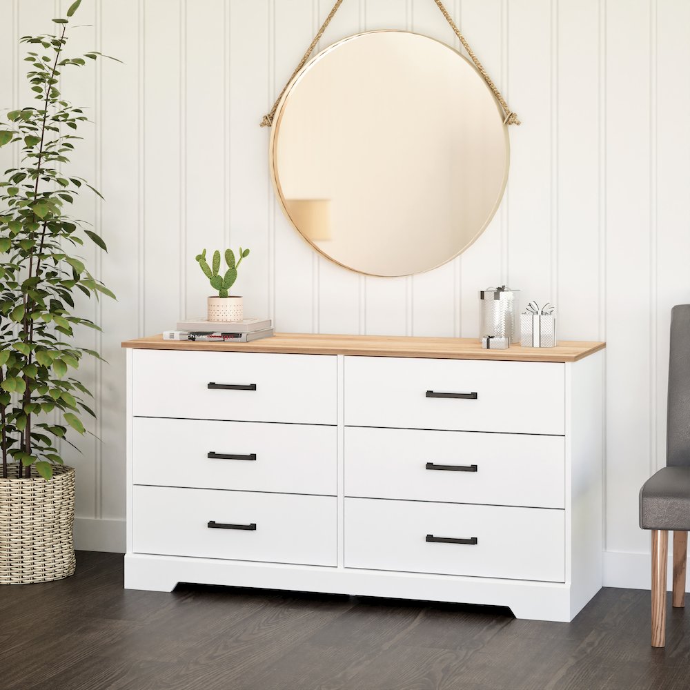 Rustic Ridge 6 Drawer Dresser, 18.25" D x 53.25" W x 28.5" H, White & Oak. Picture 6