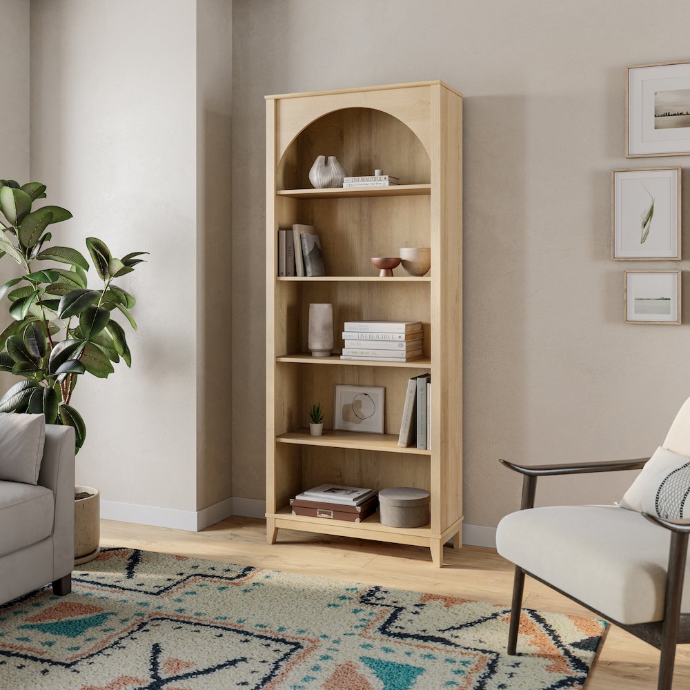 Ark 78" Tall 5-Tier Arched Bookcase Natural Oak with 3 Adjustable Shelves. Picture 11