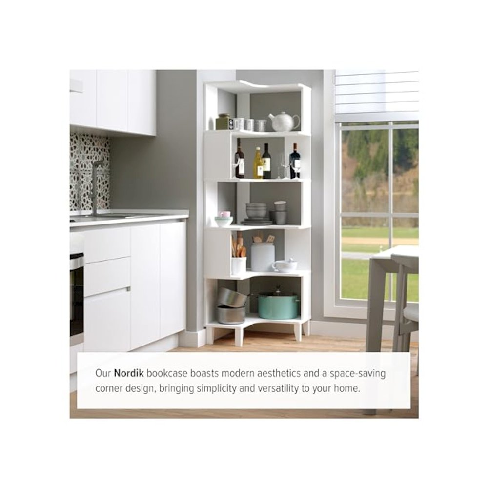 Nordik 6-Tier Corner Bookcase White Engineered Wood Corner Bookshelf. Picture 11