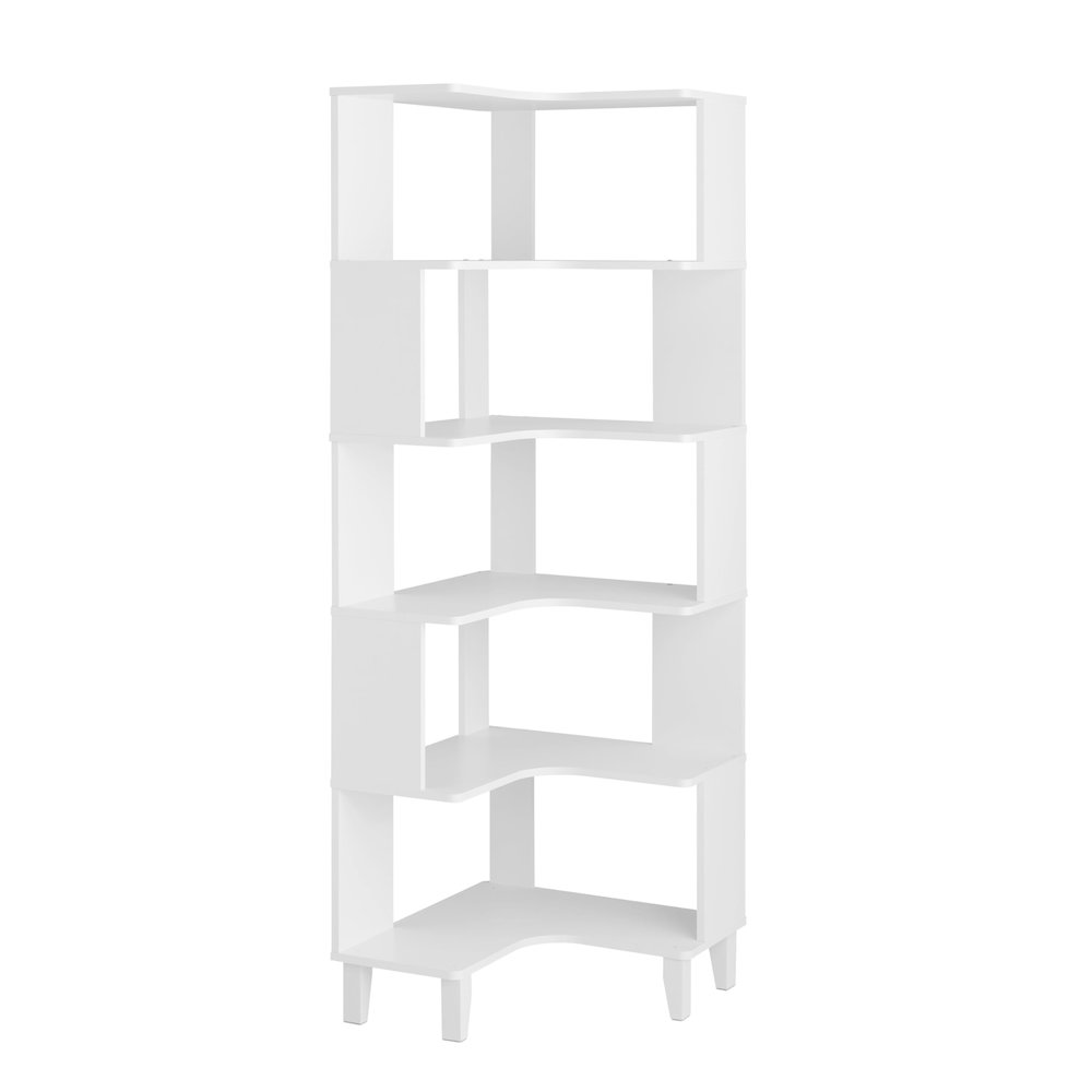 Nordik 6-Tier Corner Bookcase White Engineered Wood Corner Bookshelf. Picture 1