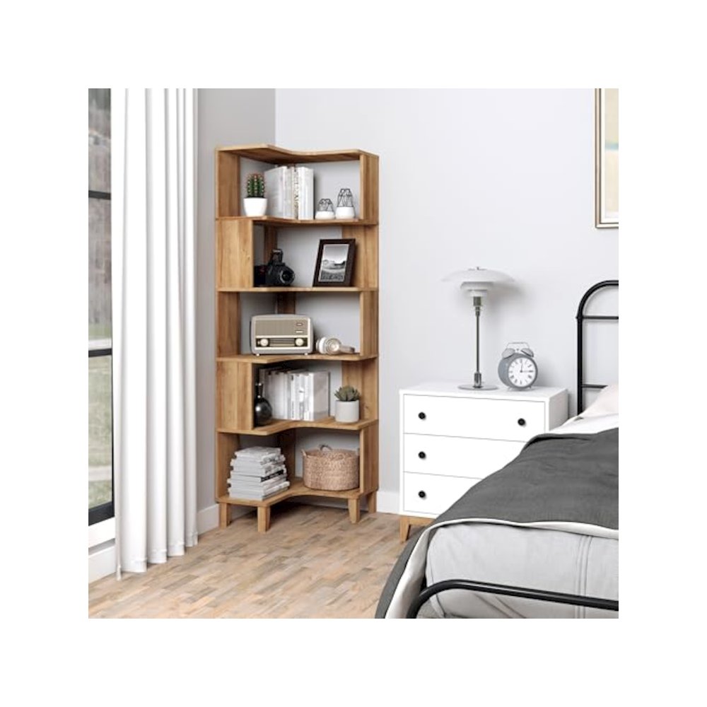 Nordik 6-Tier Corner Bookcase Natural Oak Engineered Wood Bookshelf. Picture 11