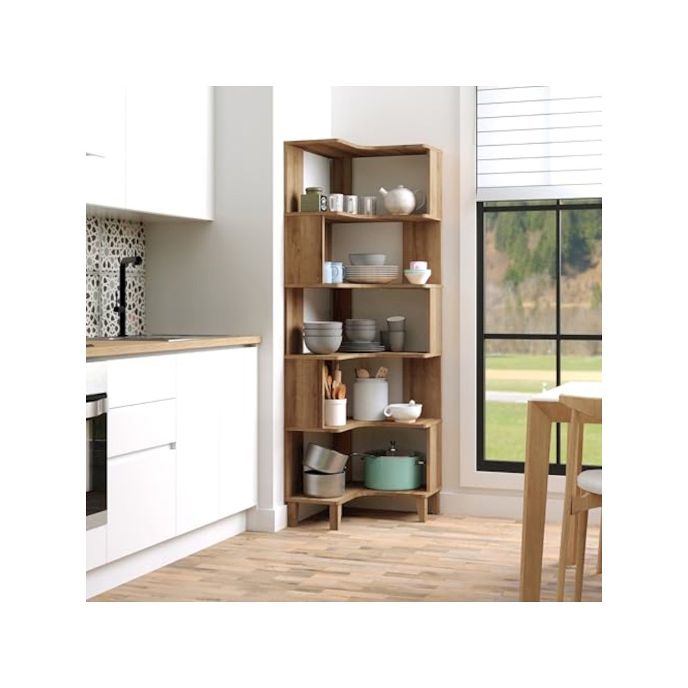 Nordik 6-Tier Corner Bookcase Natural Oak Engineered Wood Bookshelf. Picture 10