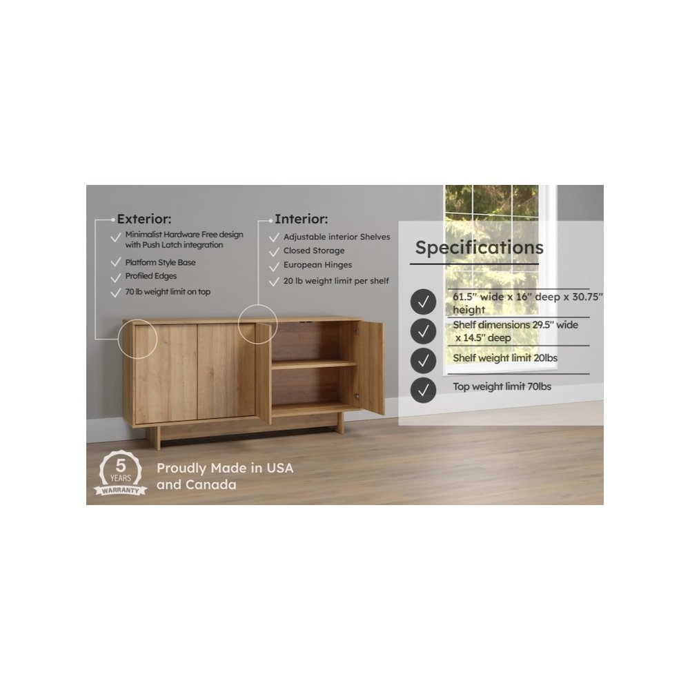 Finnley Sideboard Cabinet Buffet Natural Oak Engineered Wood with Storage. Picture 7