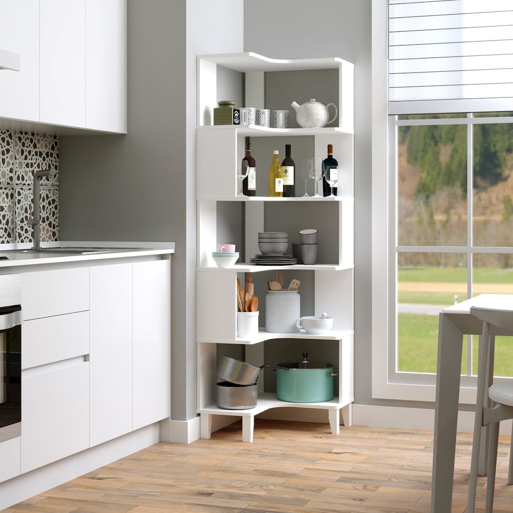 Nordik 6-Tier Corner Bookcase White Engineered Wood Corner Bookshelf. Picture 8