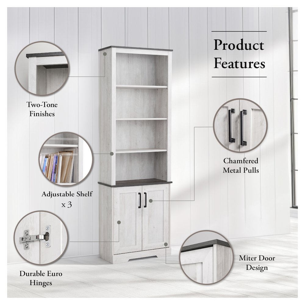 Rustic Ridge Bookcase with 2 Doors Washed White Engineered Wood Cabinet. Picture 6