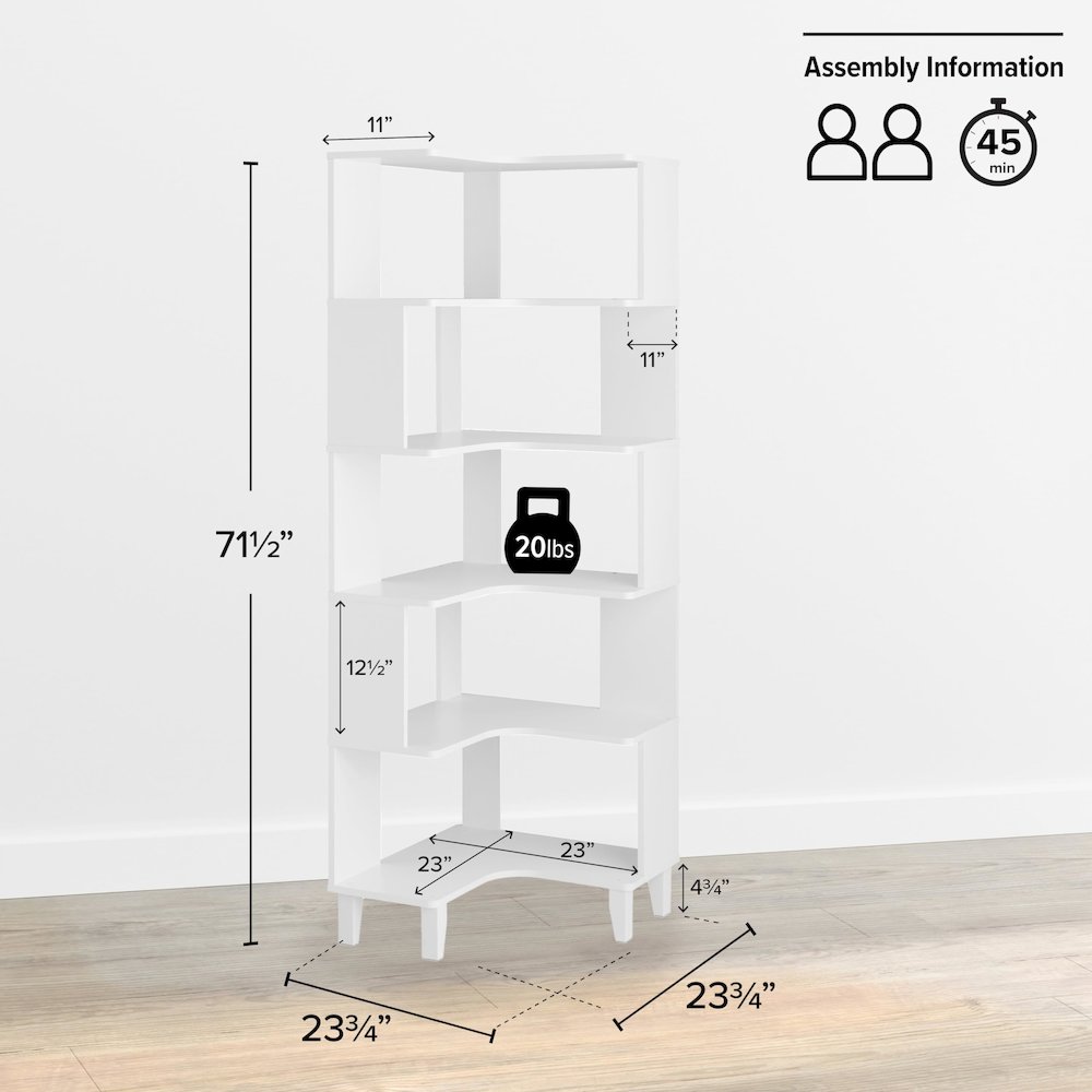 Nordik 6-Tier Corner Bookcase White Engineered Wood Corner Bookshelf. Picture 2