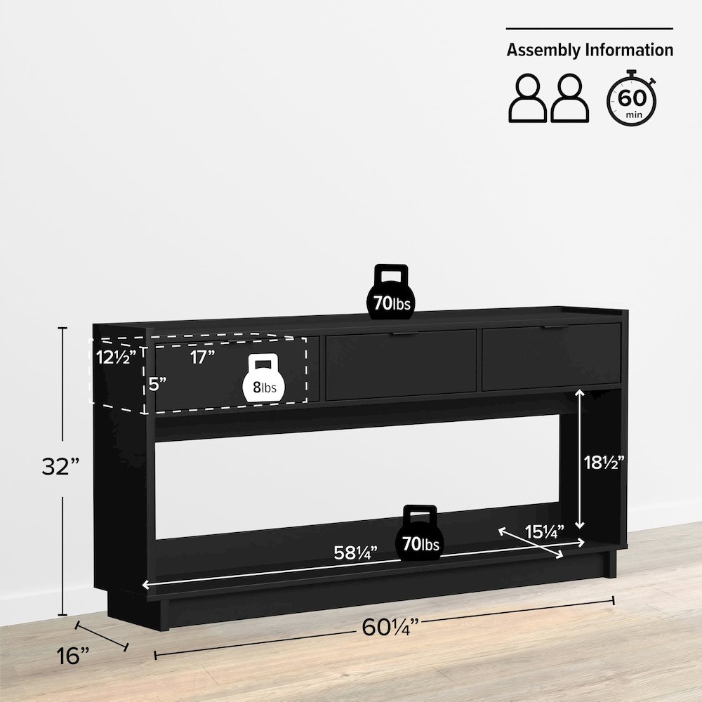 Simply Modern Entryway Console Table Black Engineered Wood with 3 Drawers. Picture 2