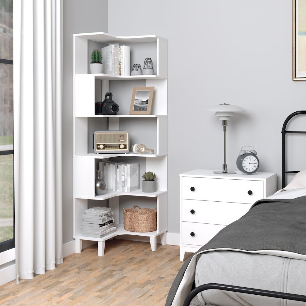 Nordik 6-Tier Corner Bookcase White Engineered Wood Corner Bookshelf. Picture 9