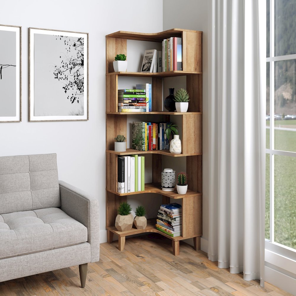 Nordik 6-Tier Corner Bookcase Natural Oak Engineered Wood Bookshelf. Picture 4