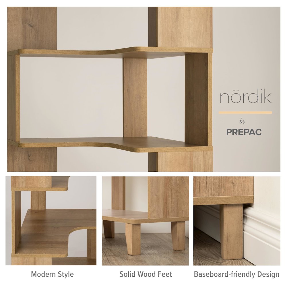 Nordik 6-Tier Corner Bookcase Natural Oak Engineered Wood Bookshelf. Picture 8
