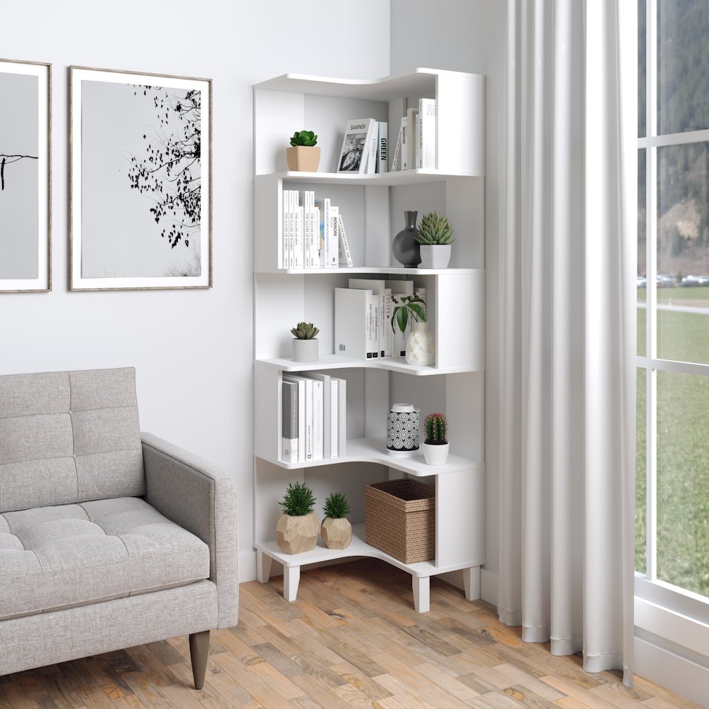 Nordik 6-Tier Corner Bookcase White Engineered Wood Corner Bookshelf. Picture 4