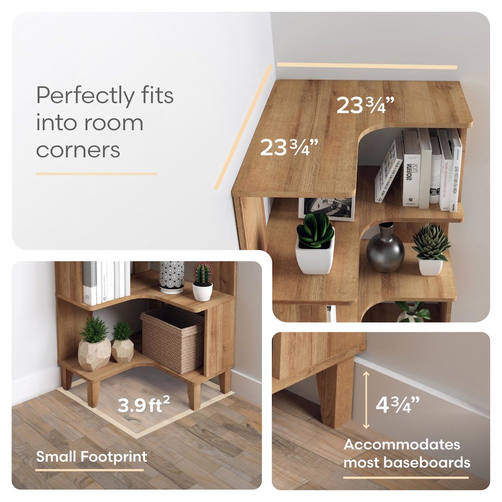 Nordik 6-Tier Corner Bookcase Natural Oak Engineered Wood Bookshelf. Picture 6