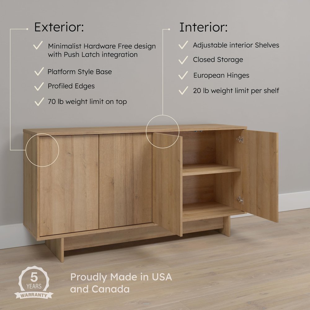Finnley Sideboard Cabinet Buffet Natural Oak Engineered Wood with Storage. Picture 6
