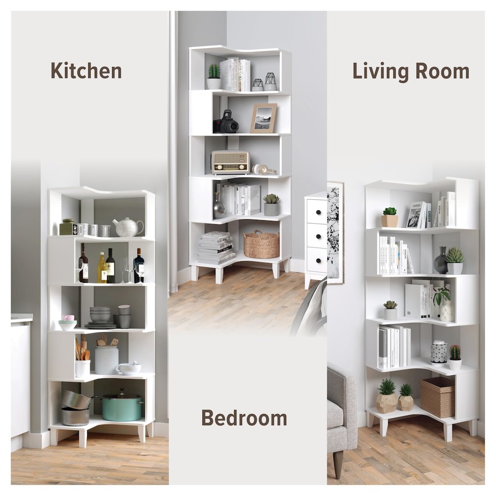 Nordik 6-Tier Corner Bookcase White Engineered Wood Corner Bookshelf. Picture 5