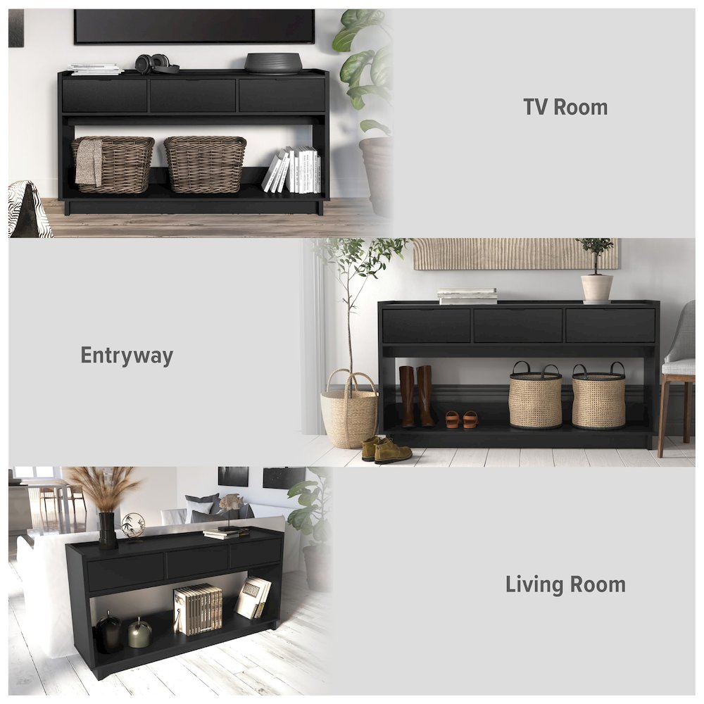 Simply Modern Entryway Console Table Black Engineered Wood with 3 Drawers. Picture 7