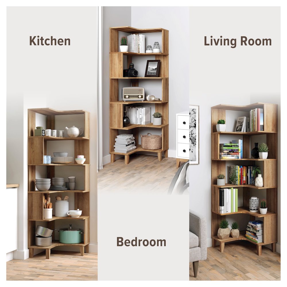 Nordik 6-Tier Corner Bookcase Natural Oak Engineered Wood Bookshelf. Picture 5