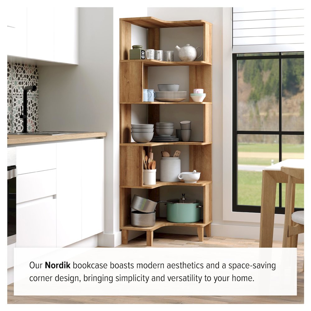Nordik 6-Tier Corner Bookcase Natural Oak Engineered Wood Bookshelf. Picture 9