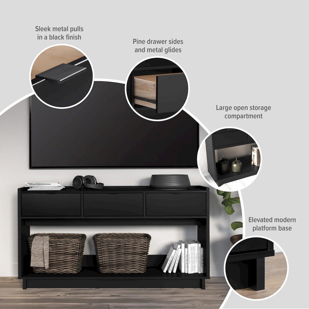 Simply Modern Entryway Console Table Black Engineered Wood with 3 Drawers. Picture 5