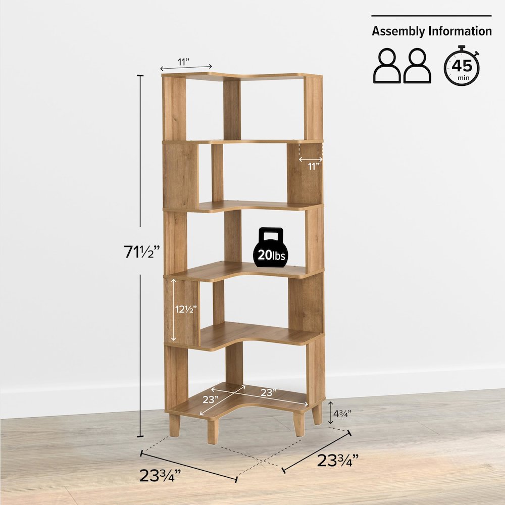 Nordik 6-Tier Corner Bookcase Natural Oak Engineered Wood Bookshelf. Picture 2