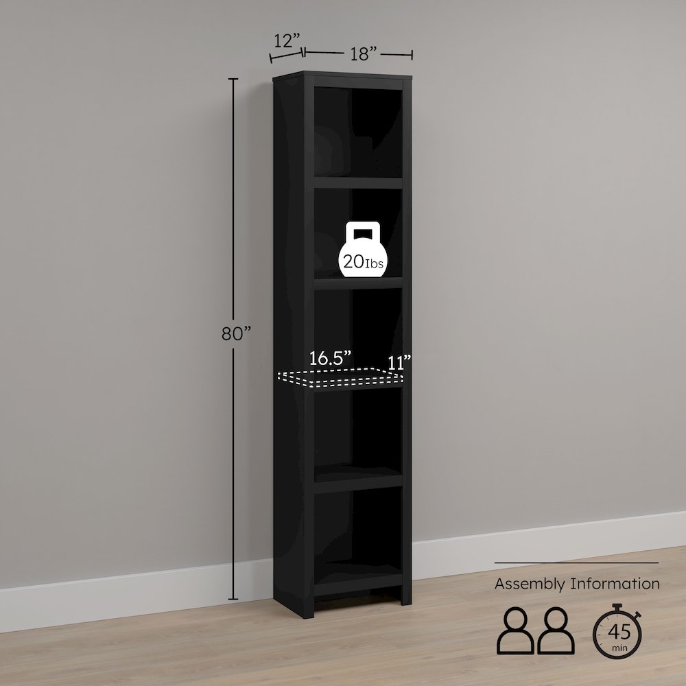 Moda 80" Tall 5-Tier Narrow Bookcase in Black with 5 Shelves. Picture 4