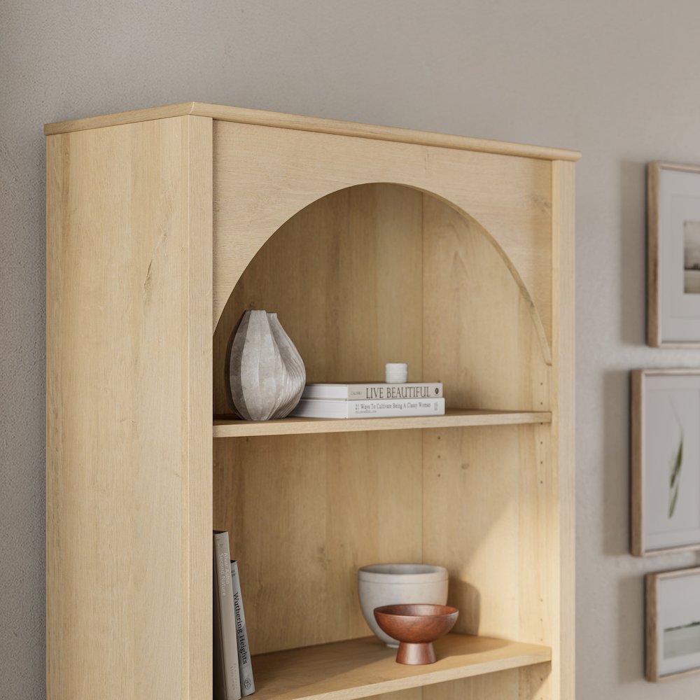 Ark 78" Tall 5-Tier Arched Bookcase Natural Oak with 3 Adjustable Shelves. Picture 13