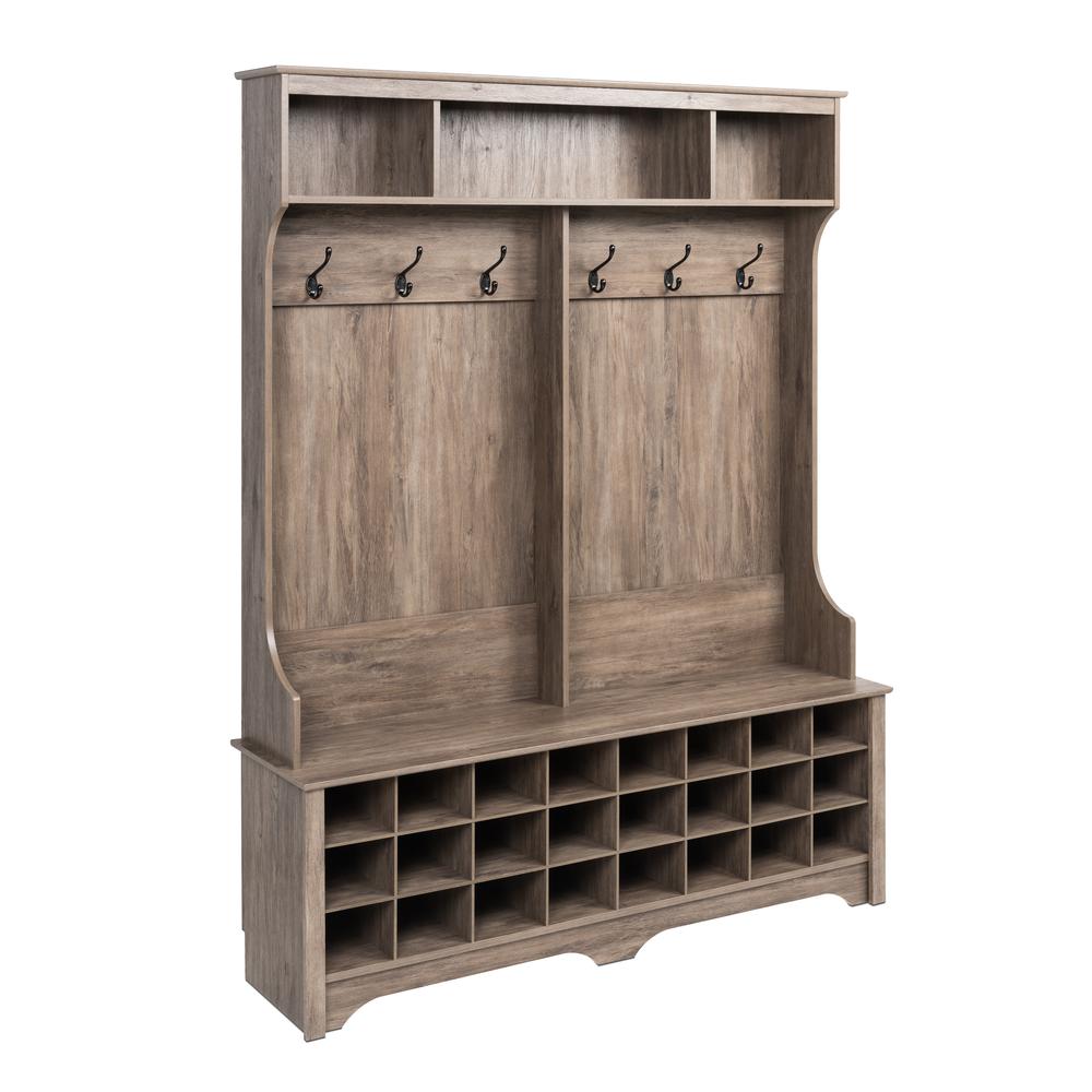 60" Wide Hall Tree with 24 Shoe Cubbies, Drifted Gray. Picture 4