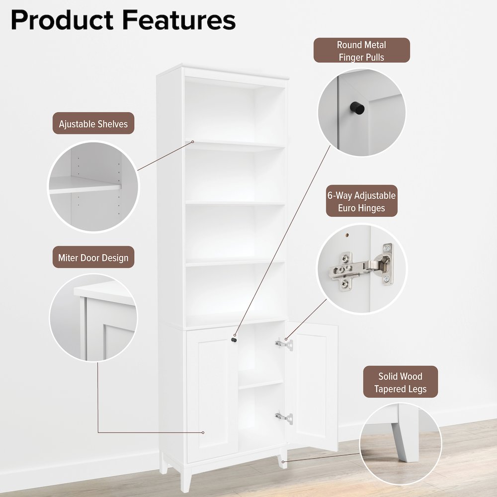 Yaletown 2-Door Bookcase with 3 Shelves White Engineered Wood Cabinet. Picture 8