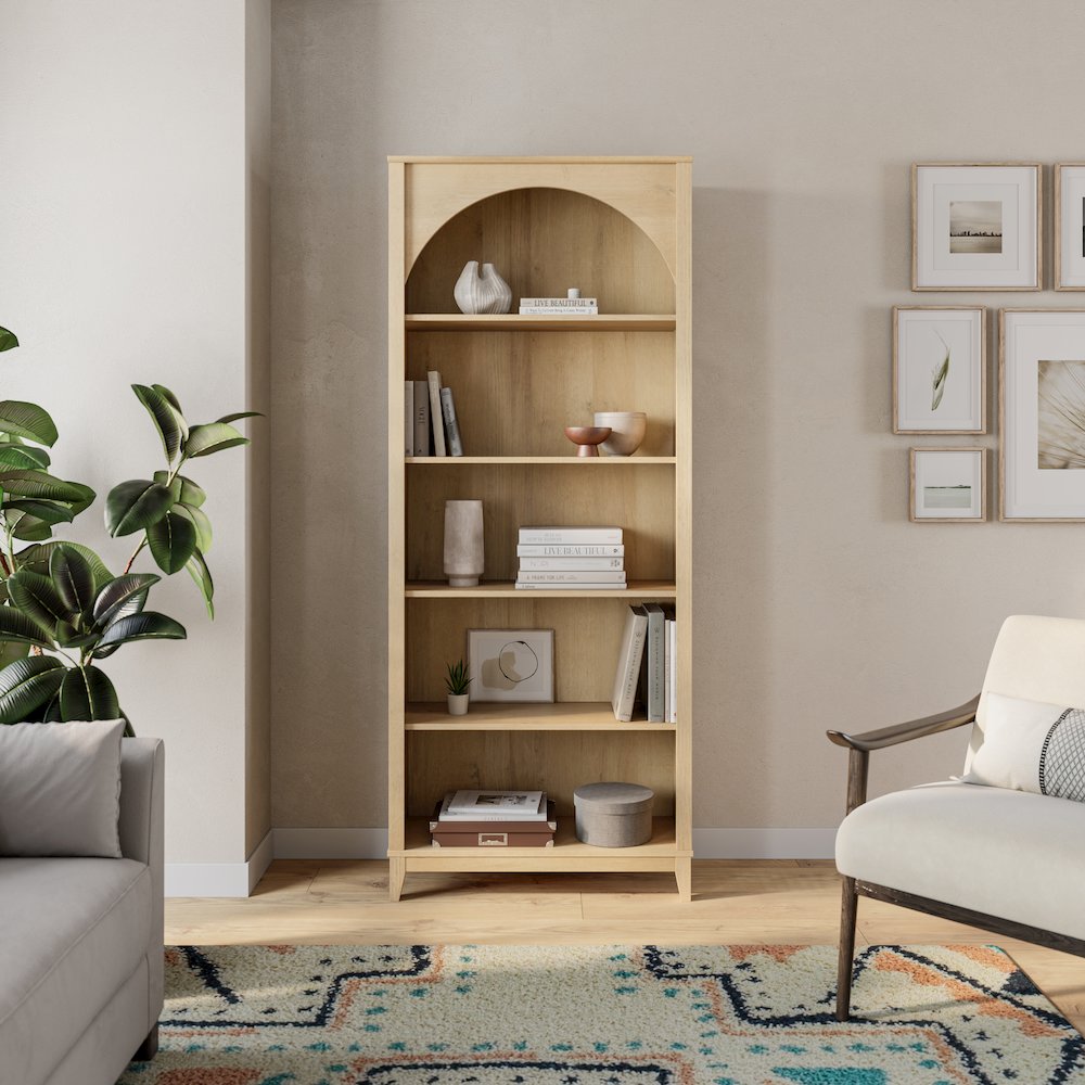 Ark 78" Tall 5-Tier Arched Bookcase Natural Oak with 3 Adjustable Shelves. Picture 6