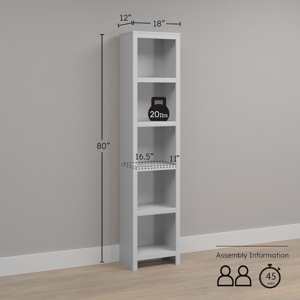 Moda 80" Tall 5-Tier Narrow Bookcase in White with 5 Shelves. Picture 4