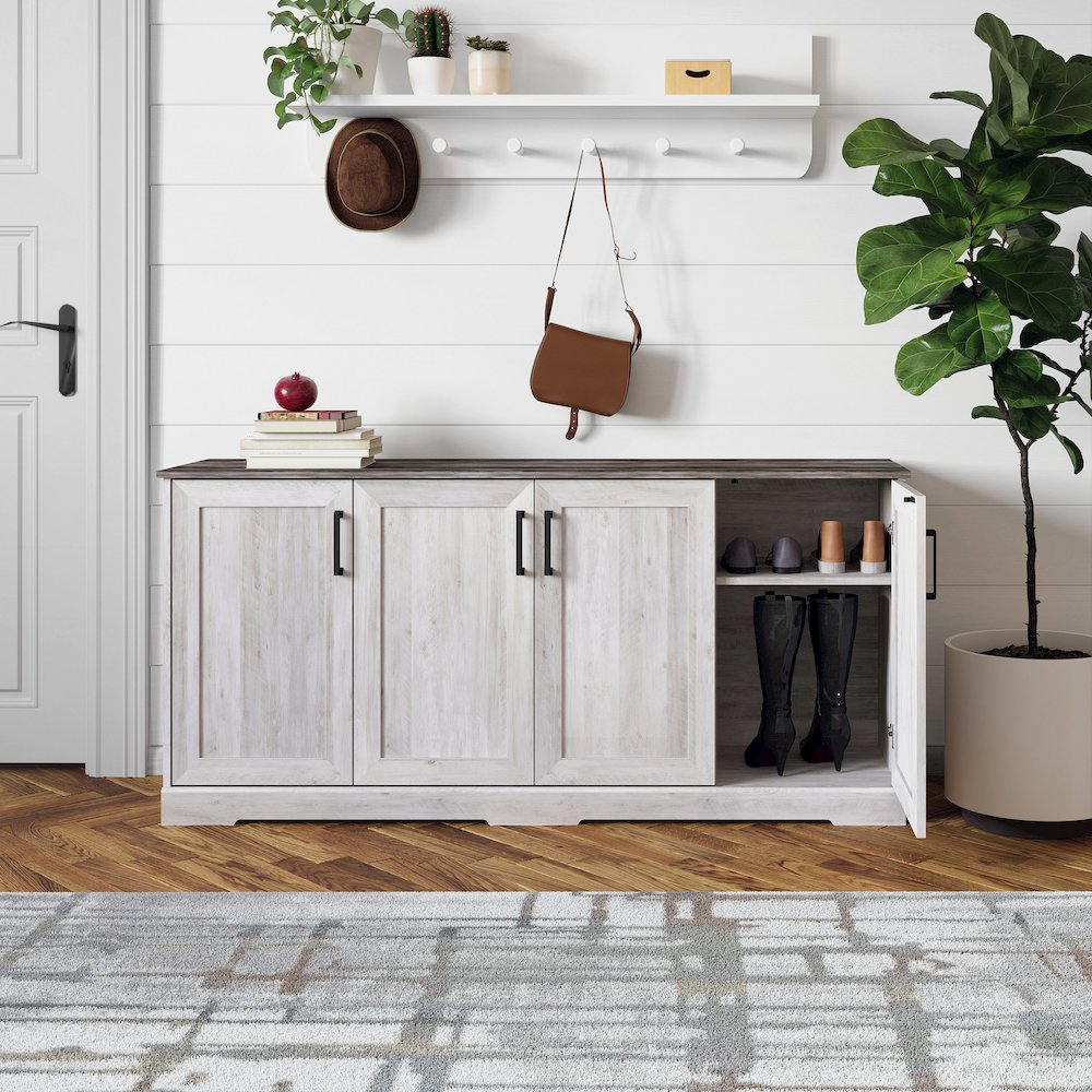Rustic Ridge 4-Door Console Table Washed White Engineered Wood Sideboard. Picture 9