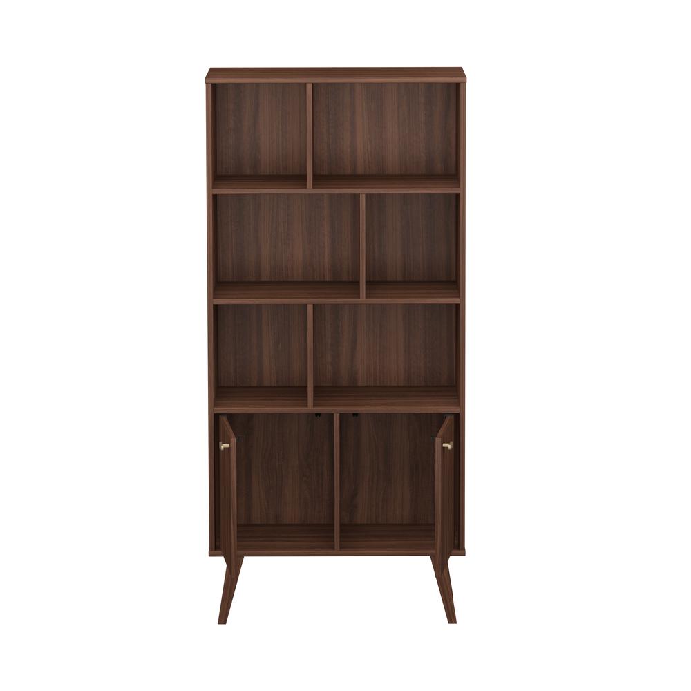 Milo Mid-Century Modern Bookcase with Six Shelves and Two Doors. Picture 10