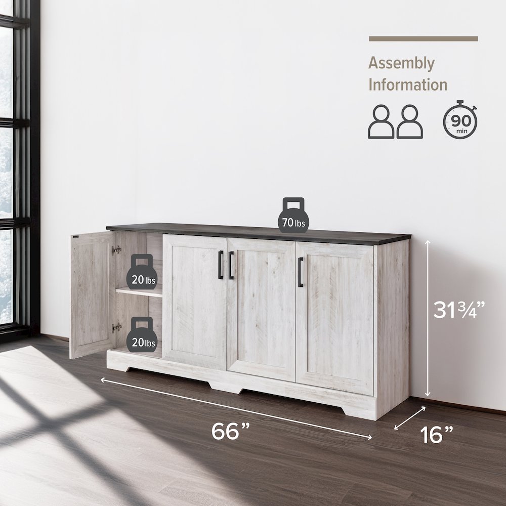 Rustic Ridge 4-Door Console Table Washed White Engineered Wood Sideboard. Picture 2