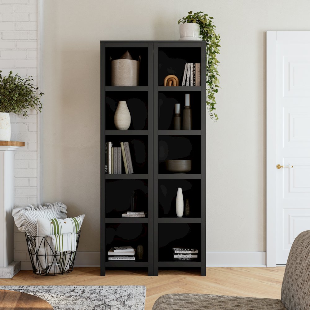 Moda 80" Tall 5-Tier Narrow Bookcase in Black with 5 Shelves. Picture 6