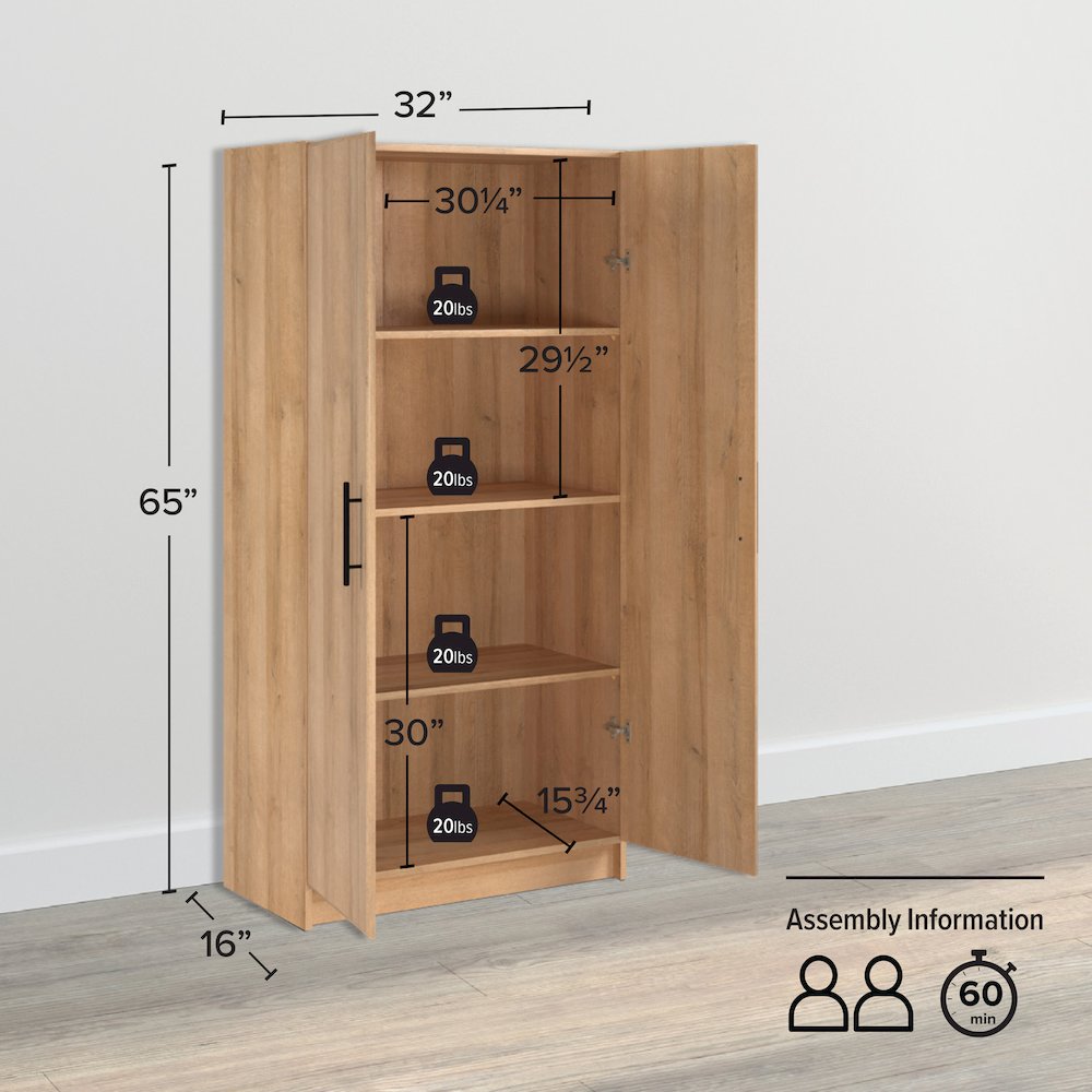 Elite 32 inch Storage Cabinet, 16" D x 32" W x 65" H, Oak. Picture 4