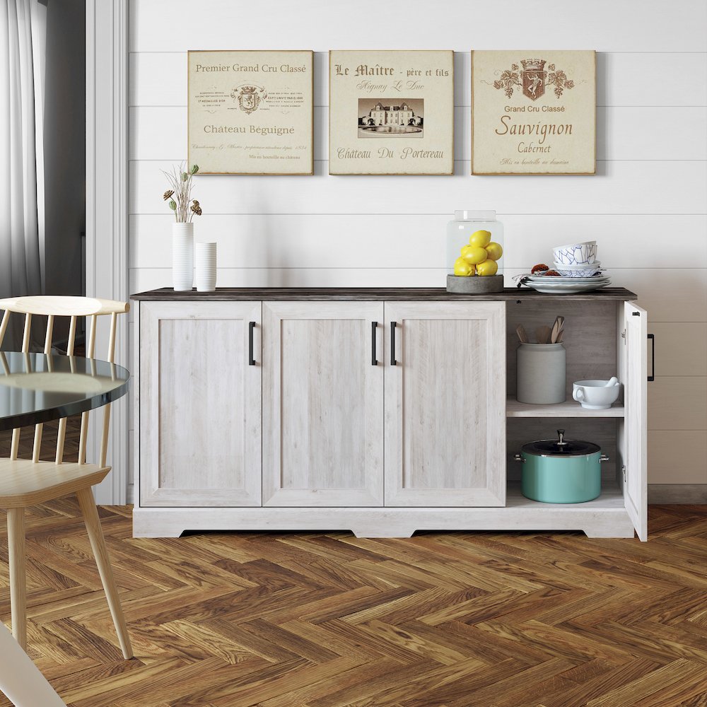 Rustic Ridge 4-Door Console Table Washed White Engineered Wood Sideboard. Picture 8