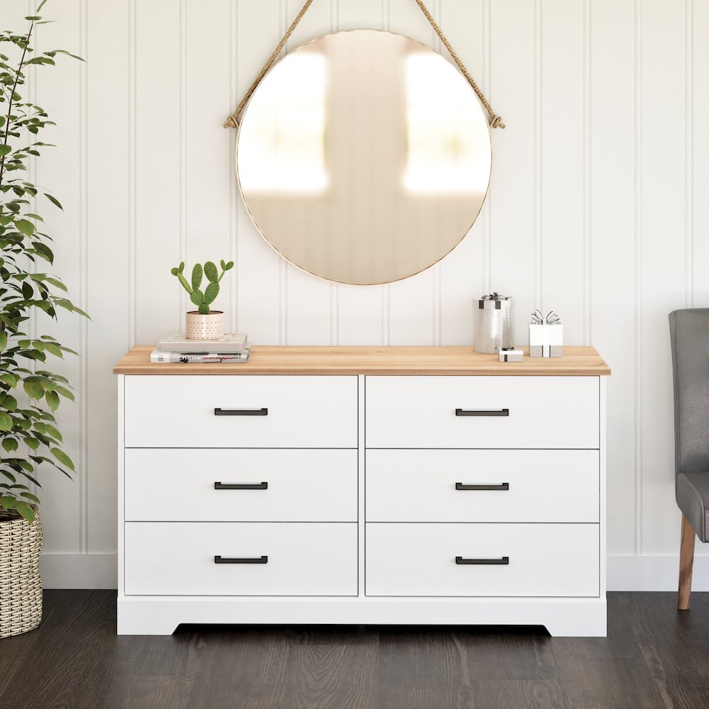 Rustic Ridge 6 Drawer Dresser, 18.25" D x 53.25" W x 28.5" H, White & Oak. Picture 5