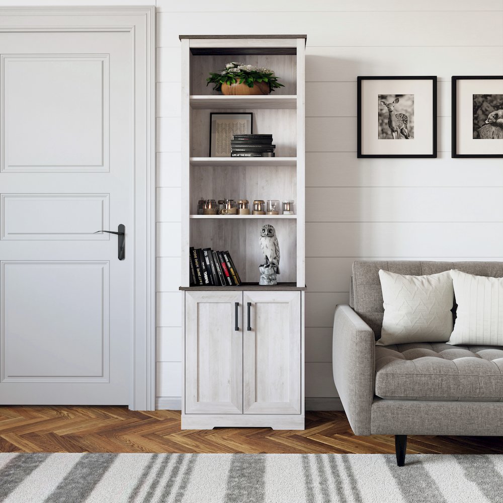 Rustic Ridge Bookcase with 2 Doors Washed White Engineered Wood Cabinet. Picture 4