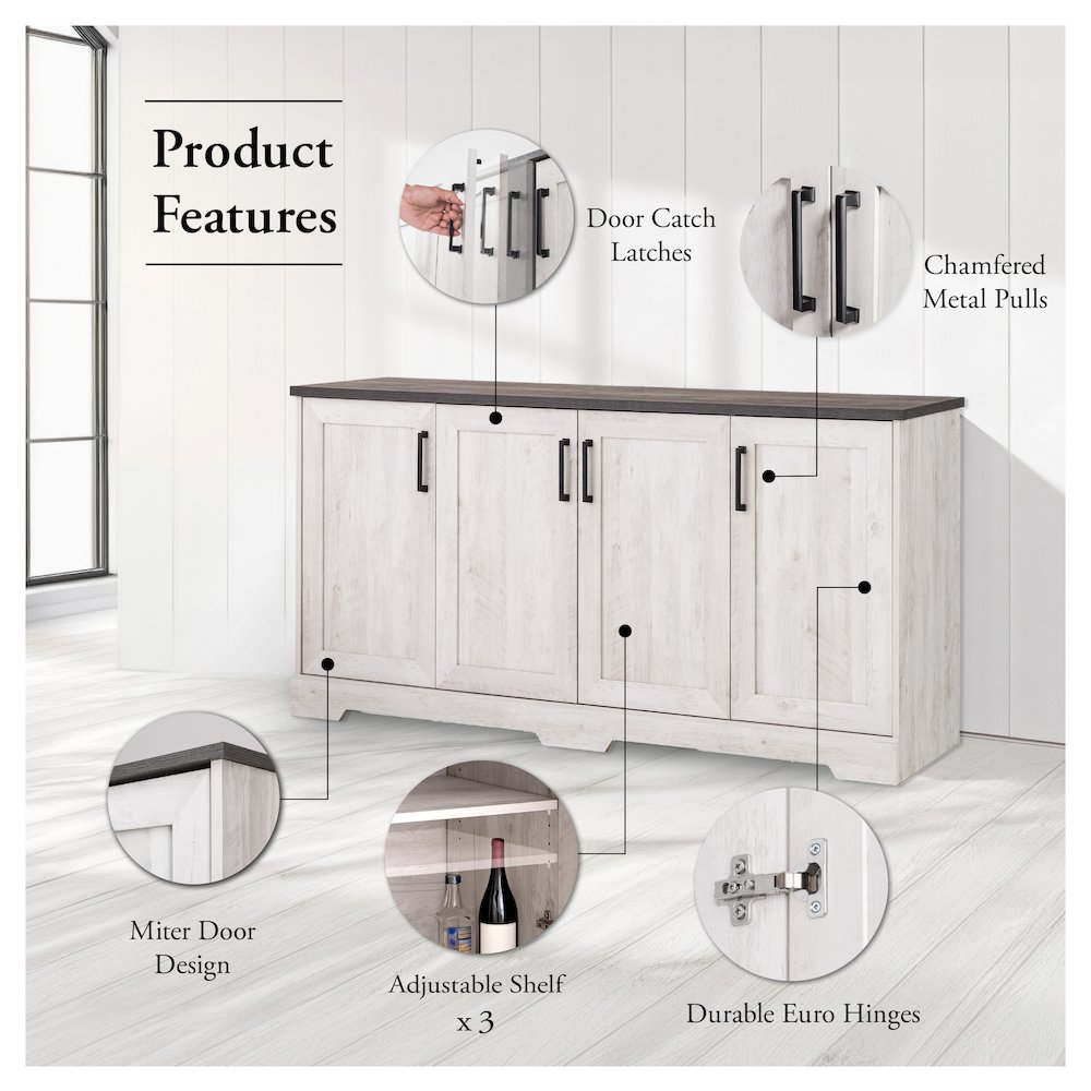 Rustic Ridge 4-Door Console Table Washed White Engineered Wood Sideboard. Picture 6