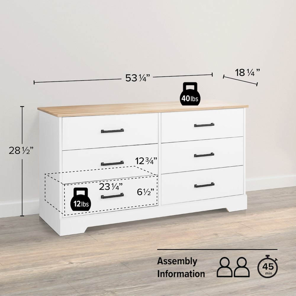 Rustic Ridge 6 Drawer Dresser, 18.25" D x 53.25" W x 28.5" H, White & Oak. Picture 4