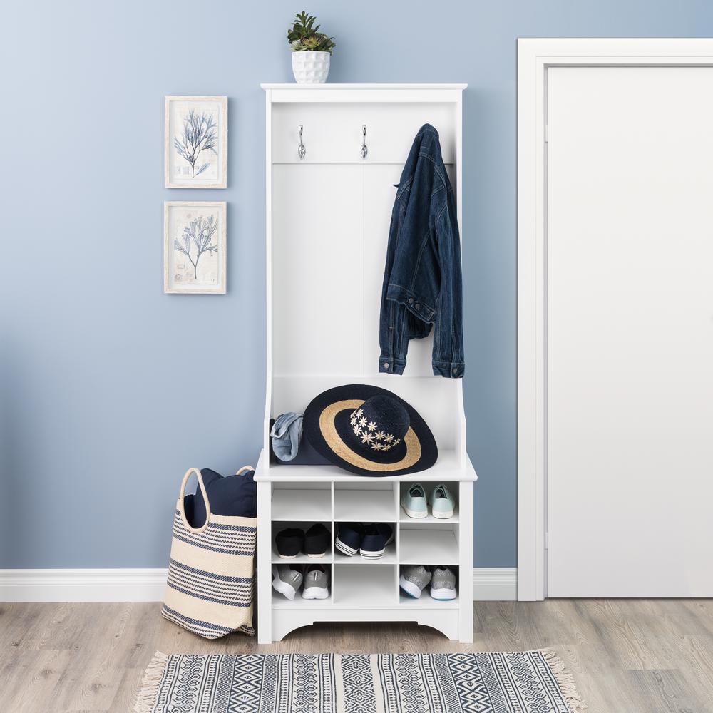 Narrow Hall Tree with 9 Shoe Cubbies, White. Picture 2