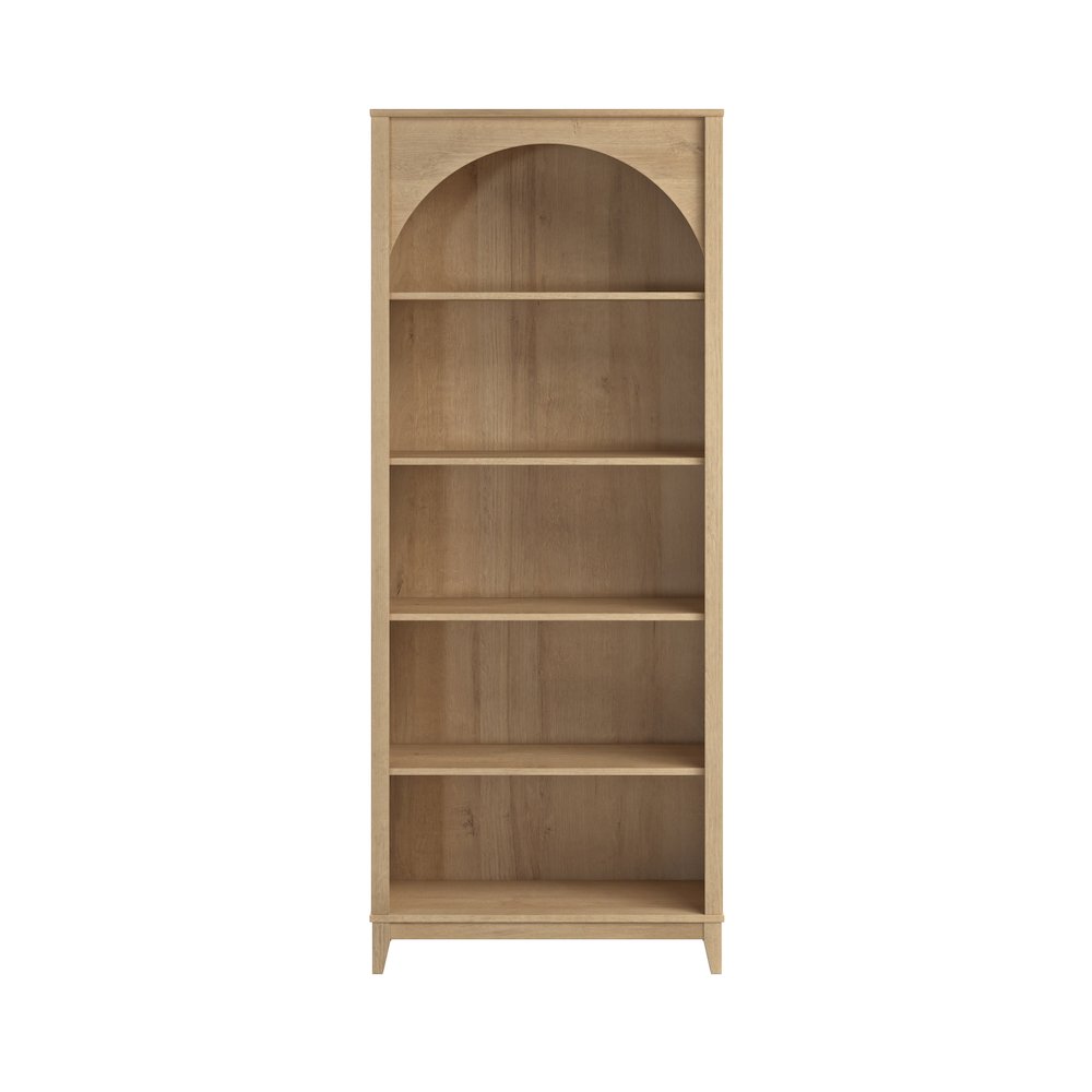 Ark 78" Tall 5-Tier Arched Bookcase Natural Oak with 3 Adjustable Shelves. Picture 1