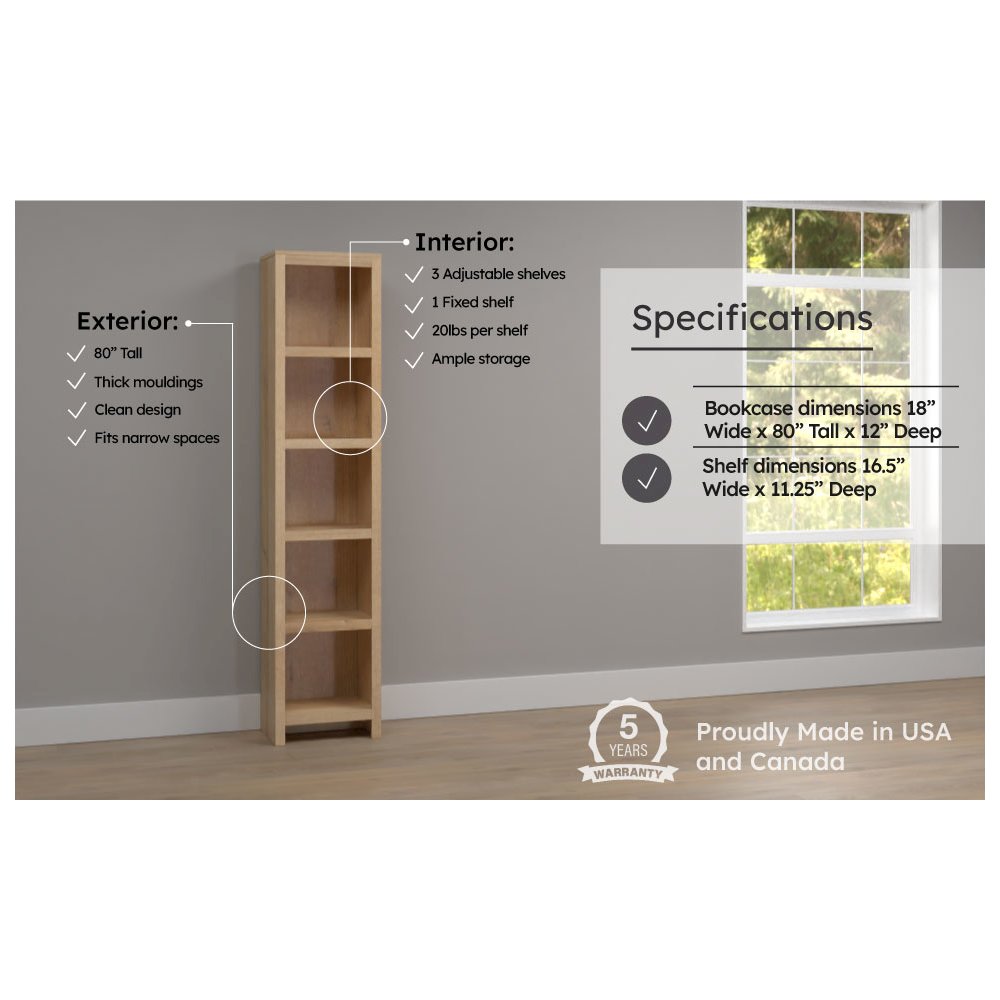Moda 80" Tall 5 Tier Narrow Bookcase Natural Oak with 5 Shelves. Picture 7