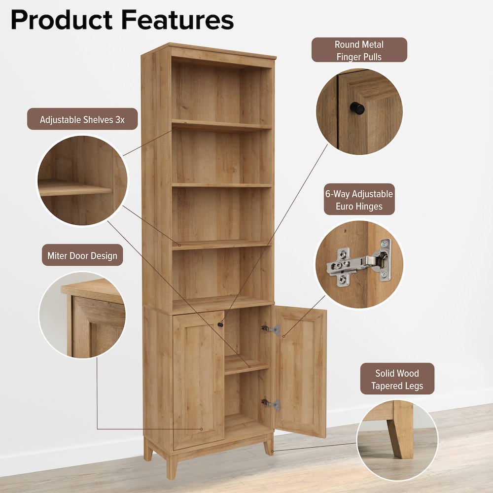 Yaletown 2-Door Bookcase with 3 Shelves Oak Engineered Wood Cabinet. Picture 8
