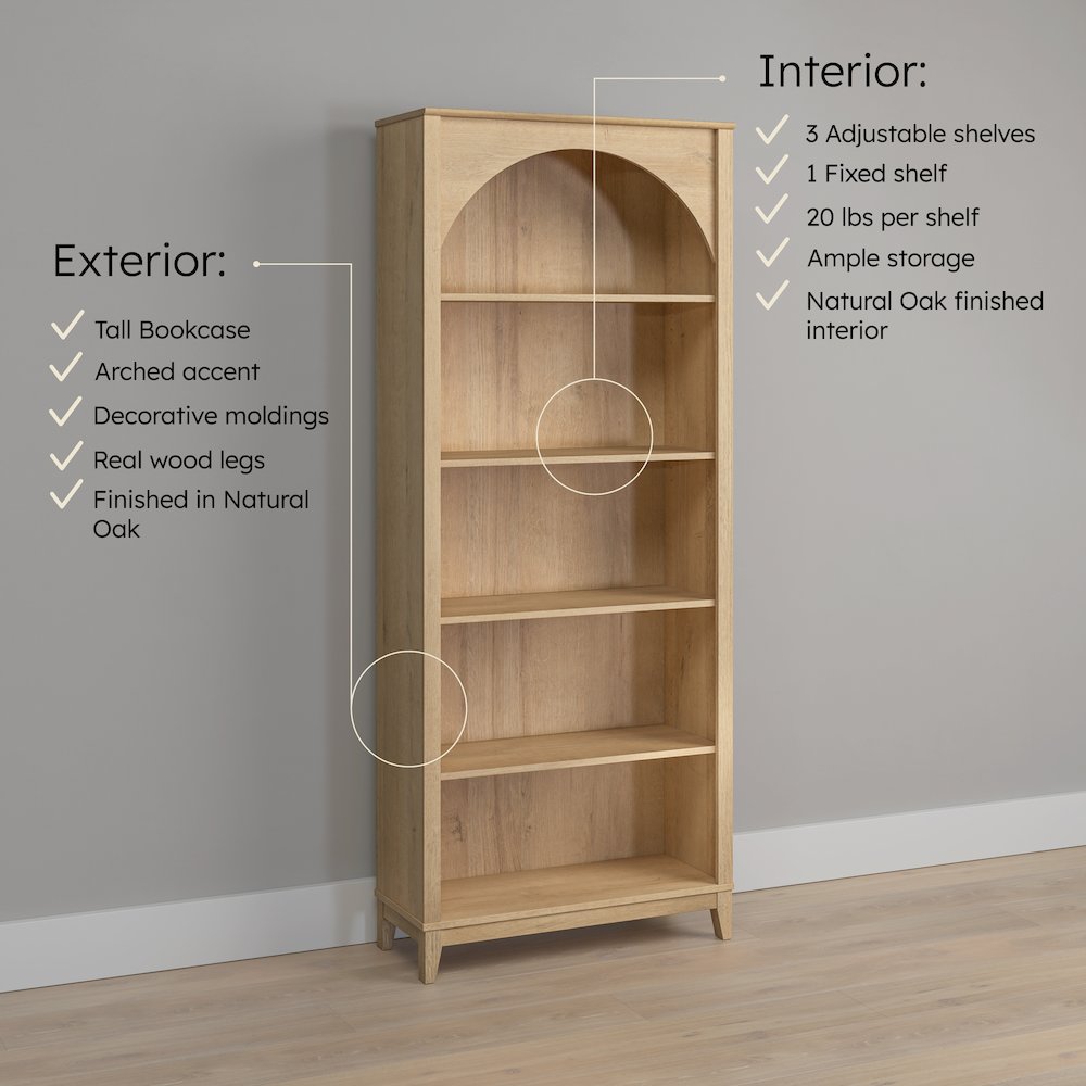 Ark 78" Tall 5-Tier Arched Bookcase Natural Oak with 3 Adjustable Shelves. Picture 8