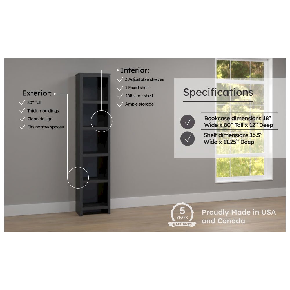 Moda 80" Tall 5-Tier Narrow Bookcase in Black with 5 Shelves. Picture 7