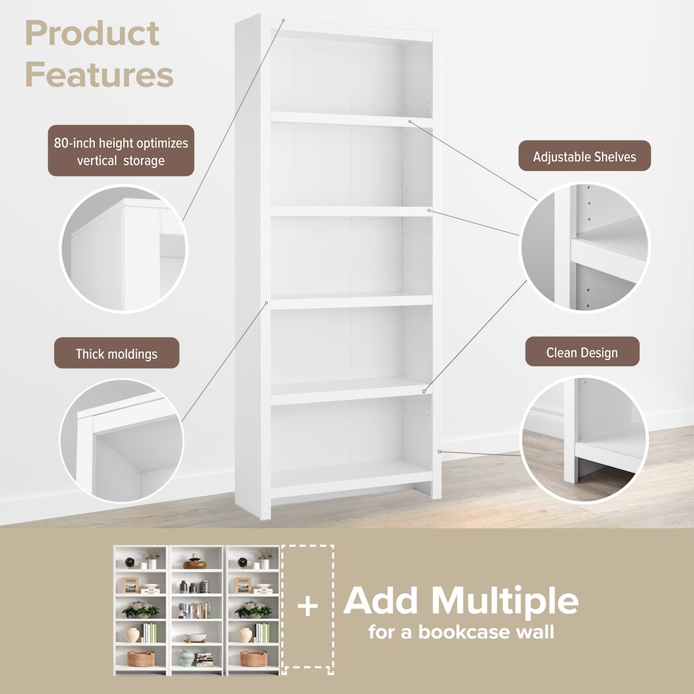 Moda 5-Tier Tall Bookcase White Engineered Wood Bookshelf with Storage. Picture 7
