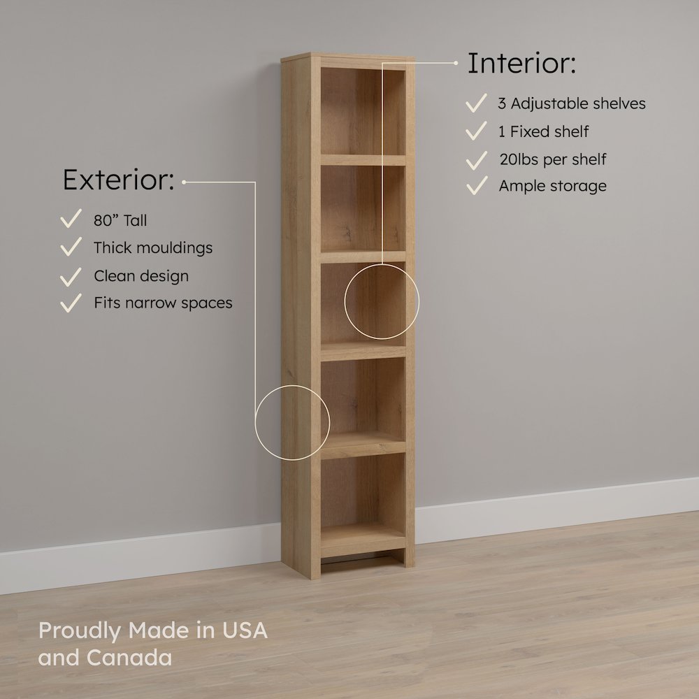 Moda 80" Tall 5 Tier Narrow Bookcase Natural Oak with 5 Shelves. Picture 8