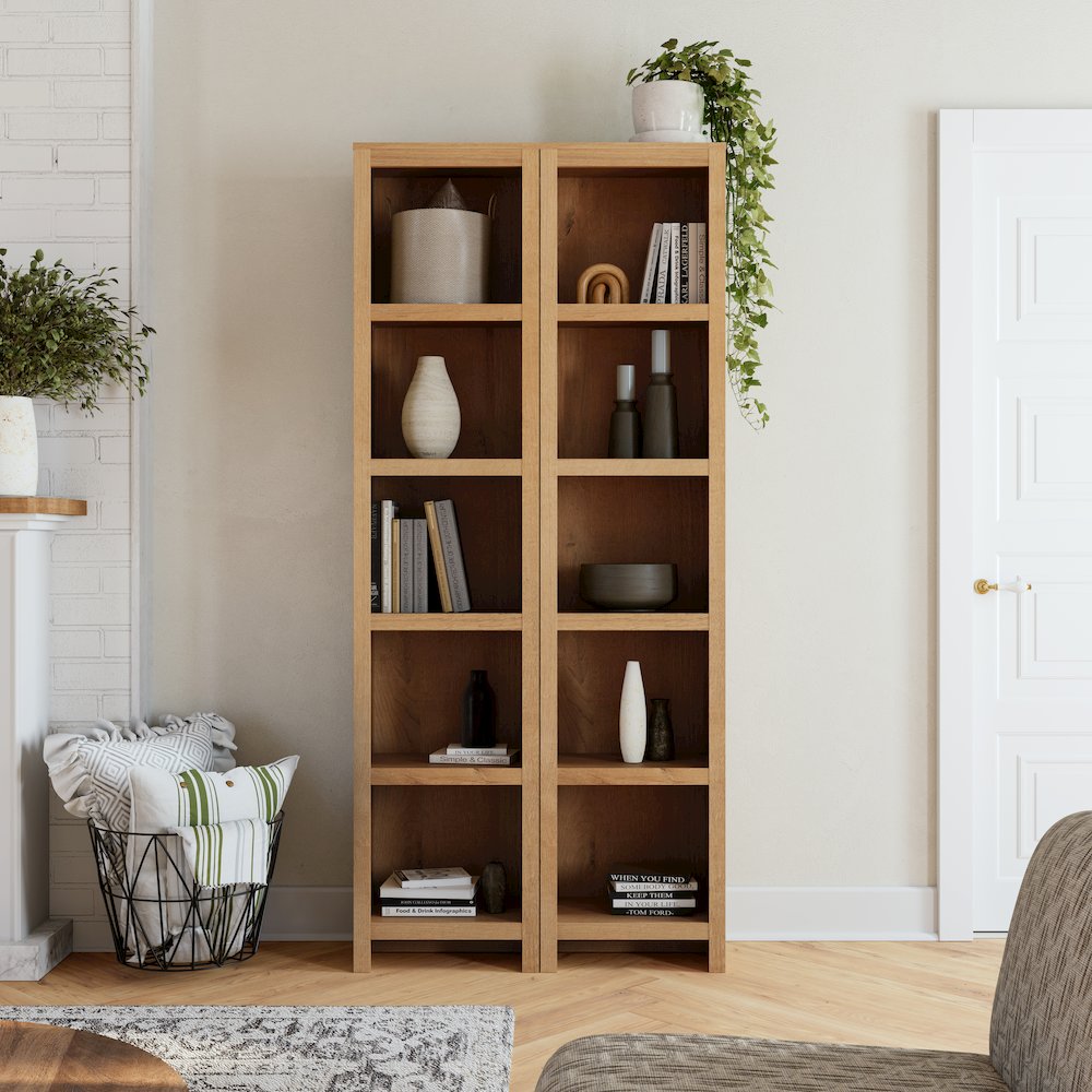Moda 80" Tall 5 Tier Narrow Bookcase Natural Oak with 5 Shelves. Picture 6