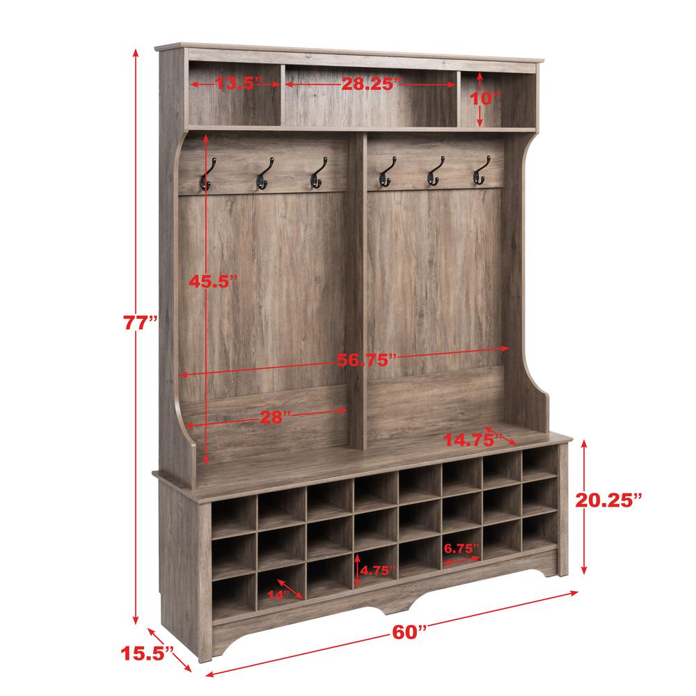 60" Wide Hall Tree with 24 Shoe Cubbies, Drifted Gray. Picture 6