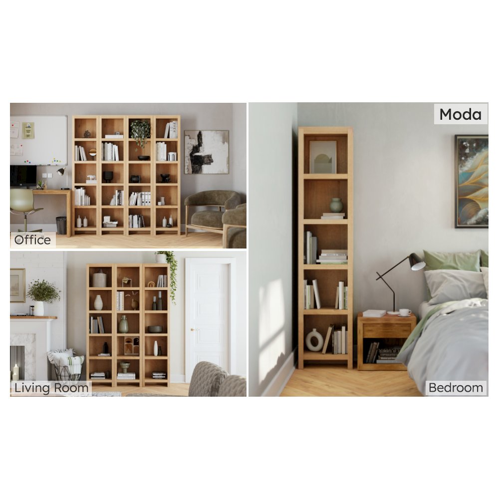Moda 80" Tall 5 Tier Narrow Bookcase Natural Oak with 5 Shelves. Picture 9